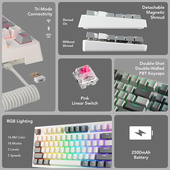 TECWARE Phantom+ Elite 87 Key RGB Mechanical Gaming Keyboard | 3 Mode Wireless Bluetooth 5.0 2.4GHz & USB C Wired | Hot Swappable 5 Pin | Double Shot PBT Keycaps | Wraith Pink Switch - White - Image 3