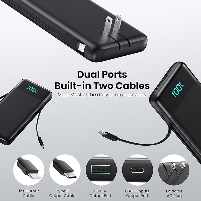 Portable Charger with Built-in AC Plug and Cables,13800mAh All in One USB C Fast Charging Power Bank,Travel Essentials Portable Phone Charger Battery Pack for iPhone 17/16/15/14/13,Galaxy,Android etc - Image 2