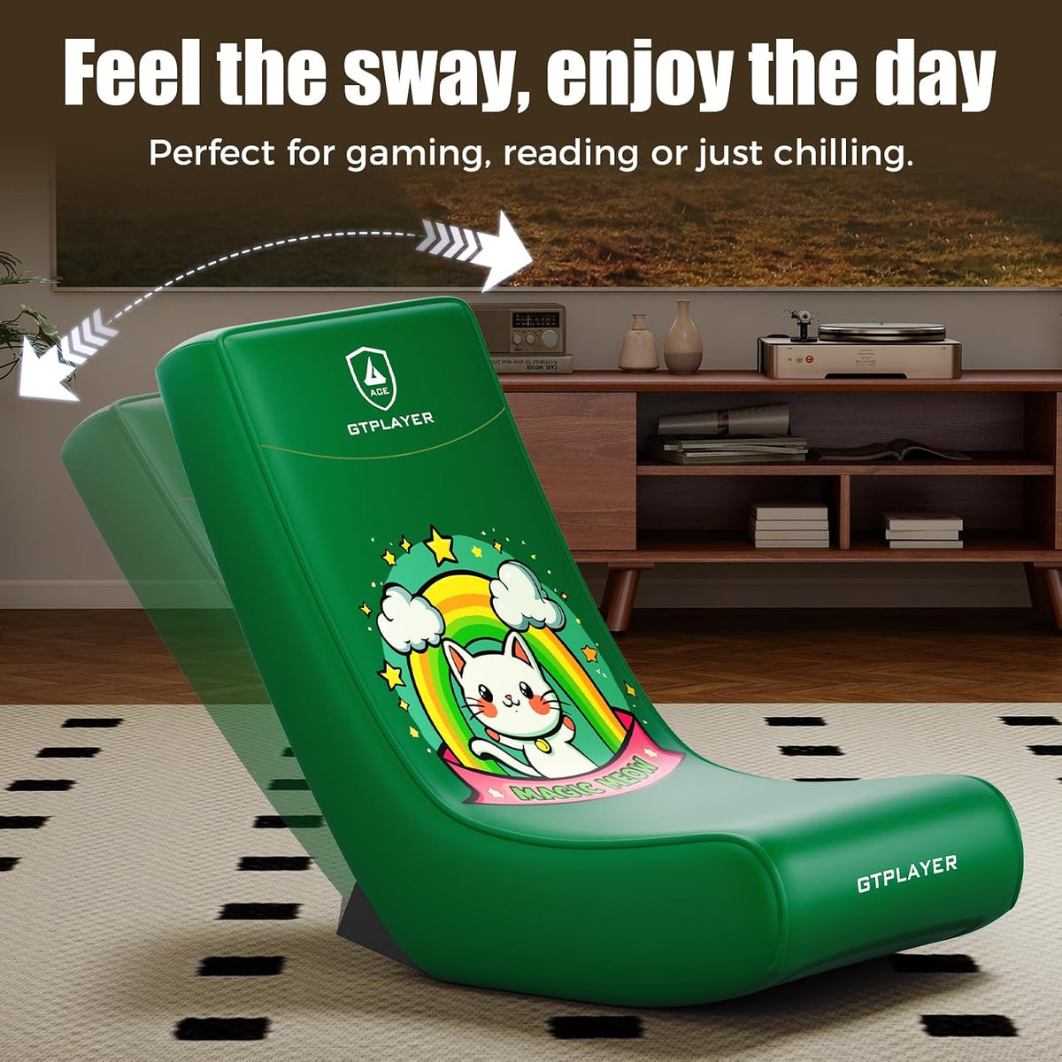 GTPLAYER Gaming Floor Rocking Chair – Rocker Floor Game Chair with Angle Limiter, Stylish Patterned Design, Comfortable Video Game Seat, Green Kitty Pattern - Image 5