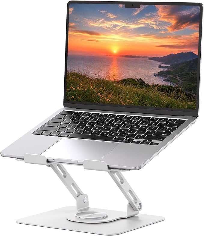 SOUNDANCE 360 Rotating Laptop Stand, Ergonomic Computer Riser for Desk, Adjustable Height Multi-Angle Metal Holder, Foldable Portable Notebook Elevating Base for Office & Home, White by Soundance