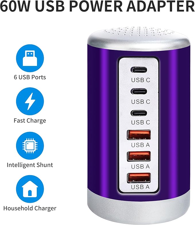 60W USB Charging Station with 6-Port (3 USB-A & 3 USB-C) for iPhone 12/13/14, Tablets & Smartphones - Purple - Image 5