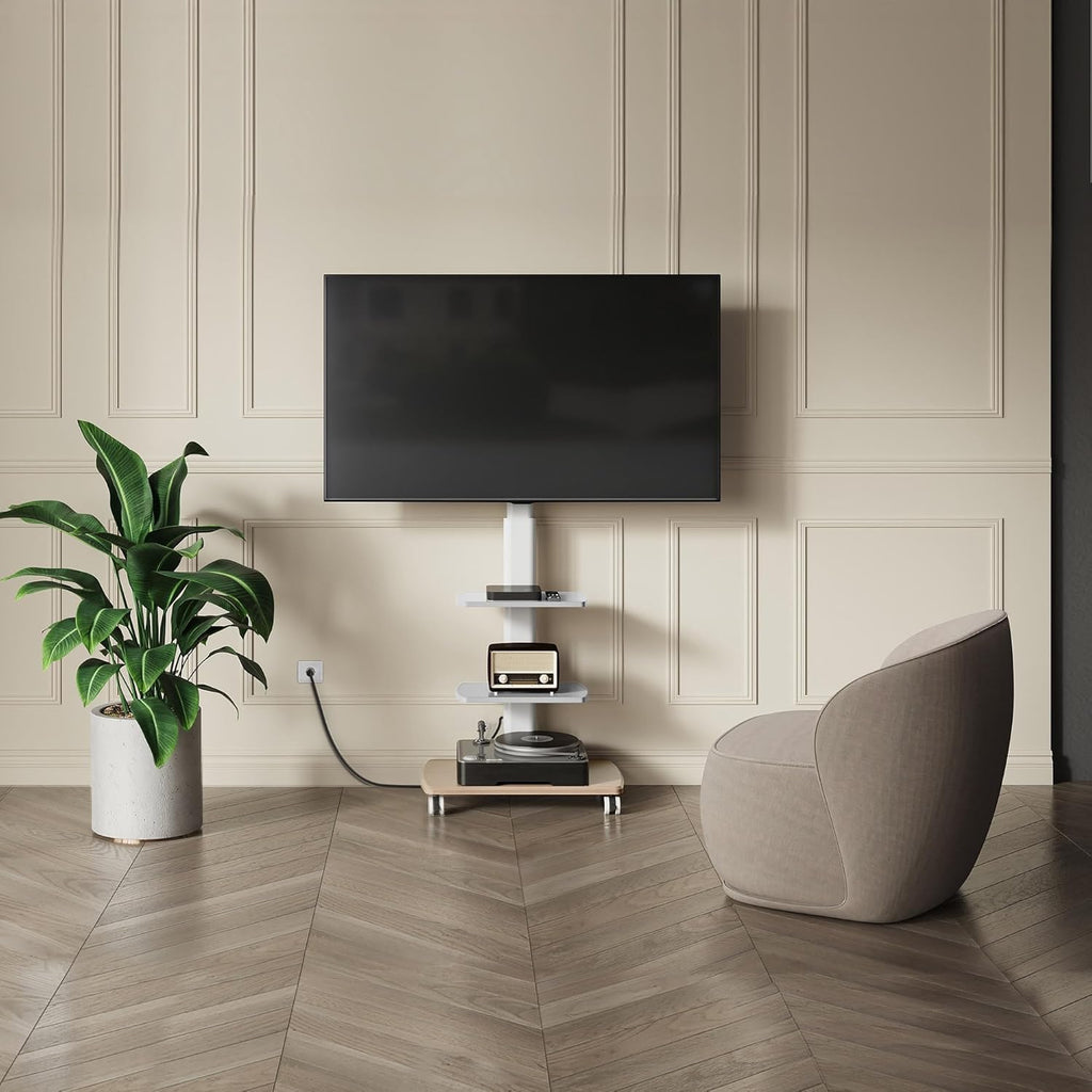 FITUEYES Rolling TV Stand with Power Outlets, for 32-75 InchTVs, White - Image 4