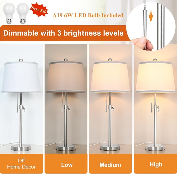 Brushed Nickel Modern Table Lamps Set of 2 Adjustable Height 22" to 30" Silver Nightstand with White Linen Shade 3 Brightness Way Pull Chain Switch Bedside Lamps for Living Room Office(Bulbs Included) - Image 4