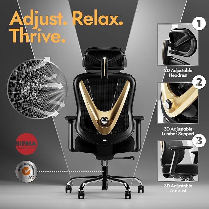 Ergonomic Mesh Office Chair - 3D Adjustable Lumbar Support & 3D Armrests, V-Shaped Back, Adjustable Desk Chair for Office & Home, Black and Gold - Image 4