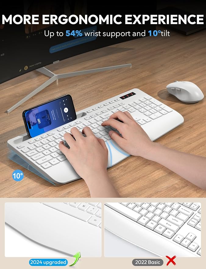 Wireless Keyboard and Mouse Combo, Full Size, Ergonomic Wrist Rest | 2.4G Lag-Free, 3-Level DPI, Phone Holder, Silent Typing, KM23D Batteries Powered Set for PC, Laptop, Windows, macOS (White) - Image 2