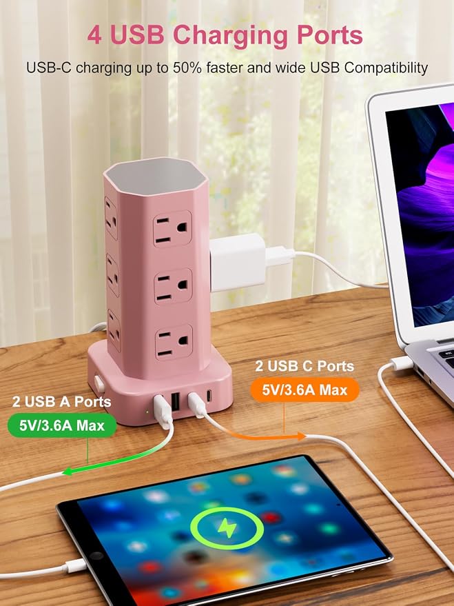 Power Strip Tower Surge Protector, 6FT Flat Plug Extension Cord with Multiple Outlets, 12 AC Outlets 4 USB (2 USB C), Desktop Charging Station with Surge Protection for Home Office Dorm Room, Pink - Image 4