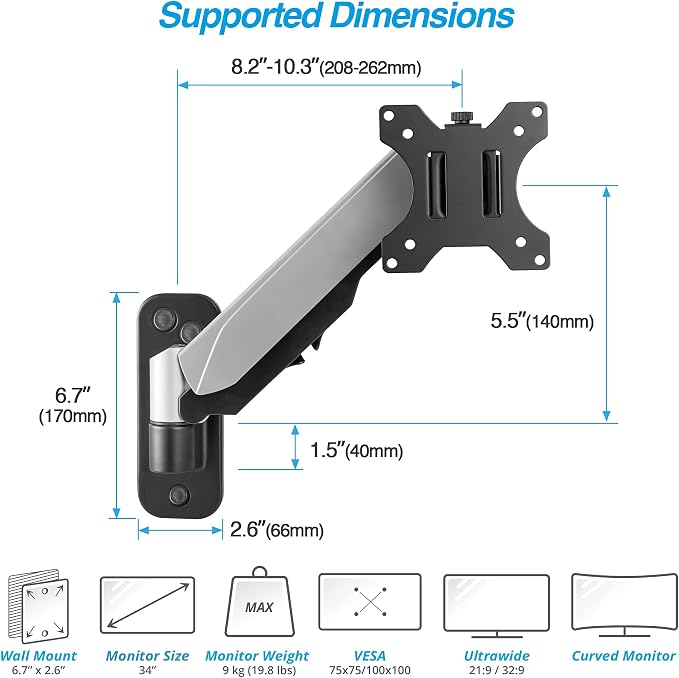 AVLT Single Monitor Arm Wall Mount for 13-32" Screens, Full Motion - Silver | Supports flat/curved/ultrawide screens up to 19.8 lbs. Smooth gas spring control, 3-bolt wall plate and cable management - Image 3