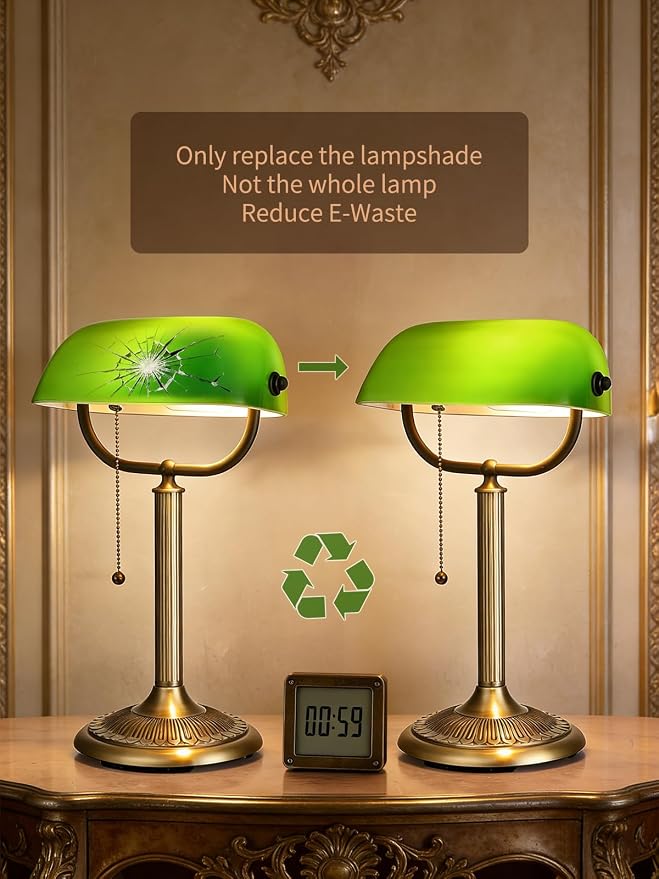 1-Minute Quick-Change Shade Classic Green Glass Bankers Desk Lamp | Study Office Library, LED Bulb Included - Image 3