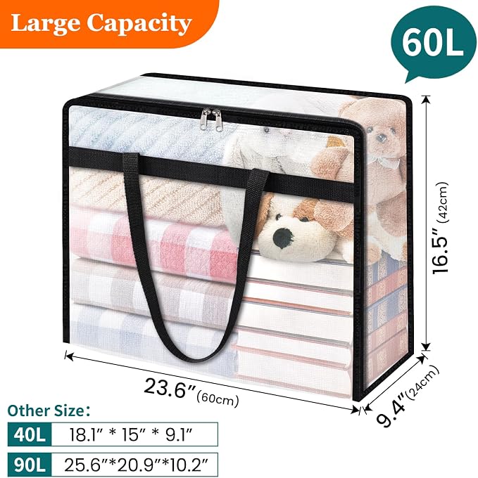 TasticTotes 8 Pack Clear Storage Bags for Comforter, Clothes & Bedding, 60L | Plastic Blanket Storage with Zipper & Handle, Foldable Moving Bags, Closet Organizer and Under-Bed Storage Containers - Image 2
