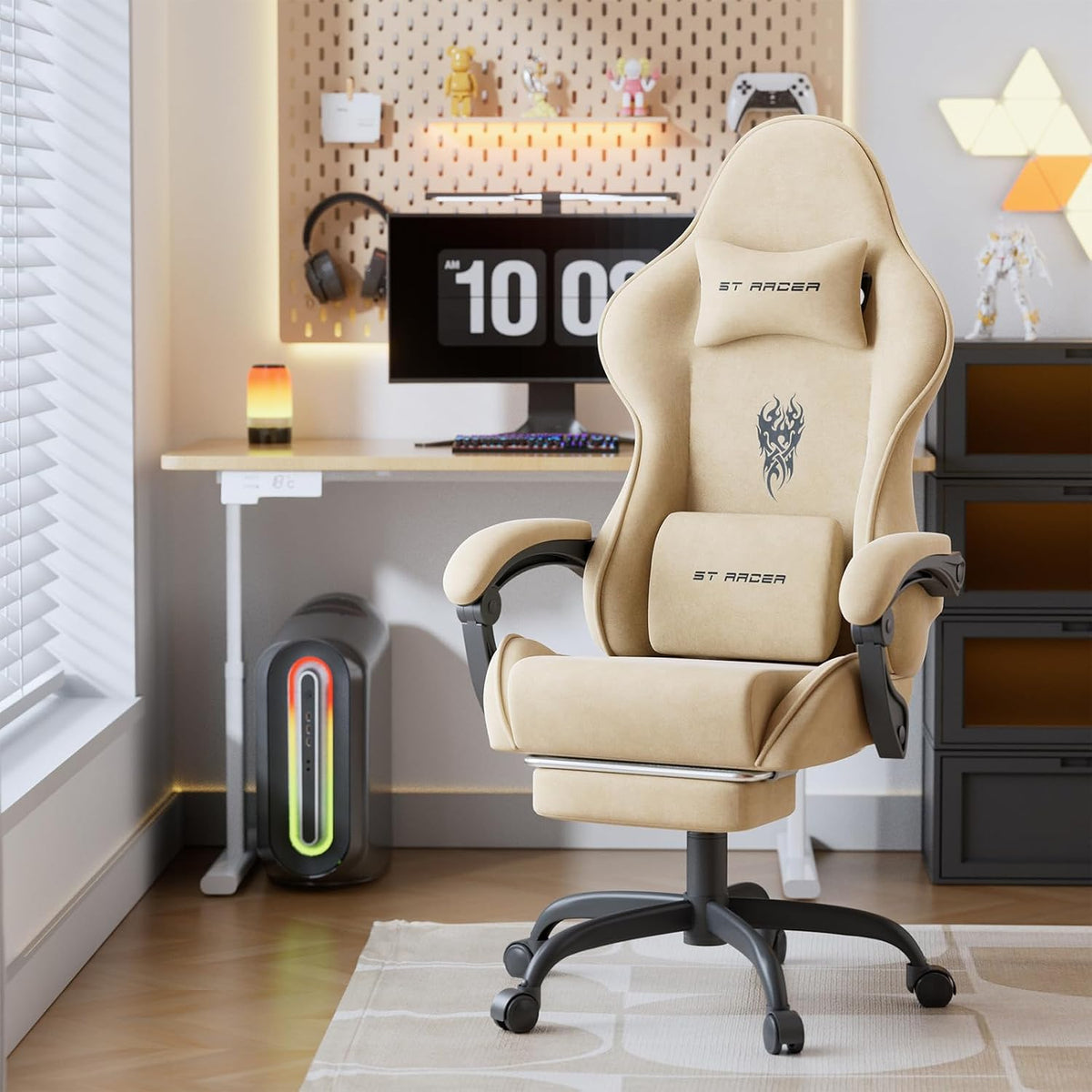 Velvet Fabric Gaming Chair, High Back Ergonomic Gamer Chair for Adult, Comfortable Video Game Chair with Footrest and Massage Lumbar Cushion, Racing Reclining Office Computer Desk Chair Beige - Image 2