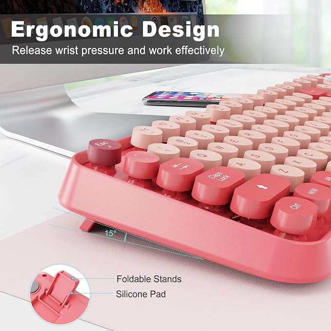 Wireless Keyboard and Mouse Combo | Cute Colorful Keyboard and Mouse with 2.4GHz Cordless Retro Typewriter Keyboard | Auto-Sleep | USB Receiver for Windows PC/Laptop - Pink Colorful - Image 6