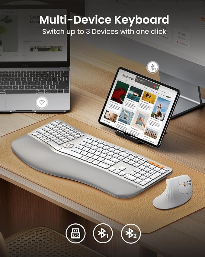 ProtoArc EK01 Plus Backlit Bluetooth Ergonomic Keyboard, White Silver | Adjustable brightness, split design, cushioned wrist rest, connect 3 devices via Bluetooth/2.4G, 2000mAh USB-C rechargeable. - Image 3