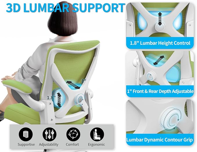 Office Chair: Mesh Ergonomic Desk Chair with 3D Lumbar & Swivel | 330LBS Computer Chair-Executive Task Work Chairs with Flip-up Arms Home Office Desk Chairs Gaming Chair for Long Hours(Green) - Image 6