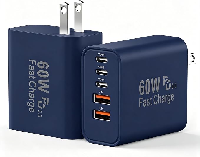 USB C Charging Blocks, 60W USBC Wall Fast Charger Block, Type C Phone USB C Charger Fast Charging Brick, 5-Port Multiport Charger Plug Power Adapter for Phone 17/16/15/14/13 Pro Max, Pad,S25-DeepBlue by Duloch