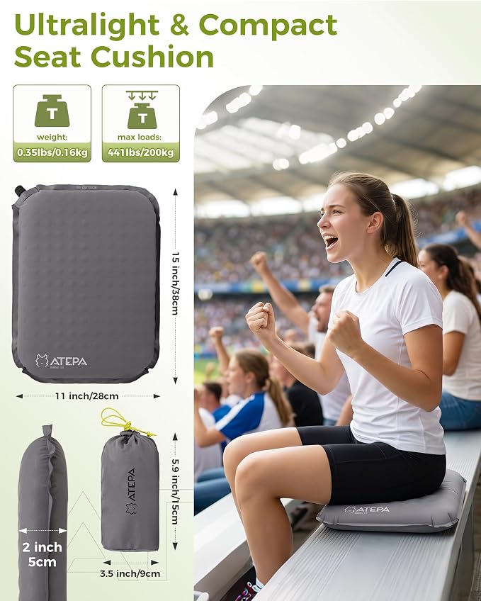 ATEPA Inflatable Seat Cushion | 2" & 2.5" Foam Core Seat Pad, Self Inflating, Compact, Stadium, Airplane, Travel, Camping, Hiking, Sports events - Image 4
