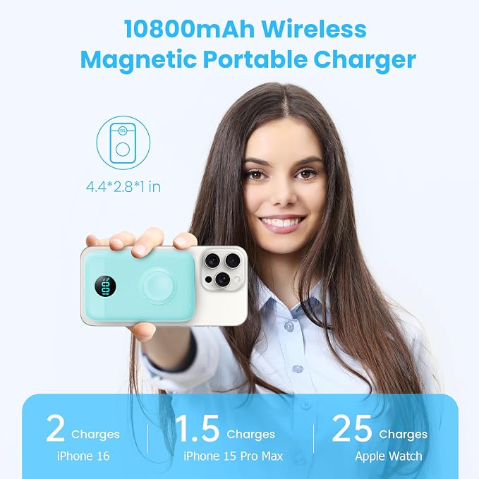 Magnetic Portable Charger 10800mAh,4-in-1 Wireless Power Bank with iWatch Charger, QC4.0+20W PD Fast Charging USB C Battery Pack with LCD Display for Magsafe,iPhone 17/16/15/14/13/12 Series,Green - Image 2