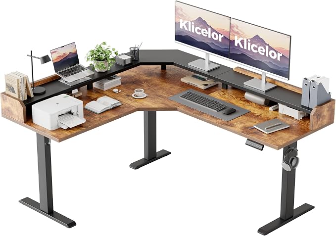 Klicelor L Shaped Electric Standing Desk 63 x 55 inch with Shelf, Height Adjustable Corner Desk, Sit Stand Desk with Storage Shelf, Home Office Computer Table, Rustic Brown by Unknown