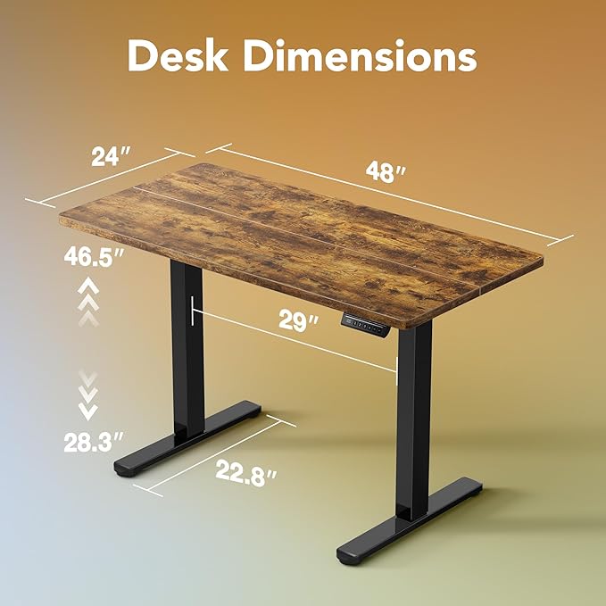 HUANUO 48x24 Inch Electric Standing Desk, Height Adjustable, Rustic Brown | 176 Lbs Capacity, Smooth Home Office Desk, 4 Memory Presets & Headphone Hooks, 28.3–46.5 Inch Height Range, Easy to assemble - Image 3