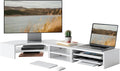 Fenge Dual Monitor Stand with Storage, Corner Desk Shelf for Top of Desk | Wooden Monitor Riser with Drawer and Slide-Out Tray, 2 Tier Storage, for Home Office, Computer, Laptop, Printer by Fenge
