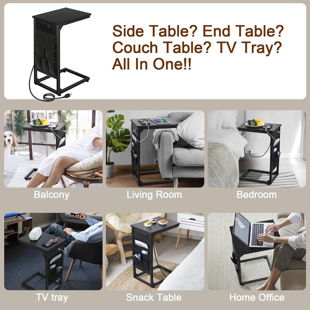 AMHANCIBLE C Shaped End Table with Charging Station, TV Trays, Set of 2 - Image 6