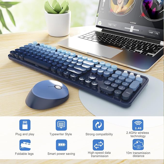 Wireless Keyboard and Mouse Combo, Ergonomic Full Size Typewriter Retro Round Keycaps Keyboard, Compatible with Windows, PC, Perfer for Home and Office Keyboards (Twilight Blue - Image 3