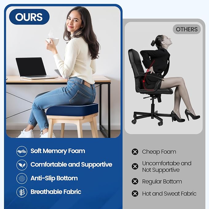 SweetSlubr Seat Cushion, Chair Pad, Memory Foam Tailbone Pain Relief | Office Chair Cushion for Tailbone Pain Relief, Non-Slip Cover, Soft Support for Office Chair, Car Seat,2X-Large/Dark Blue - Image 5