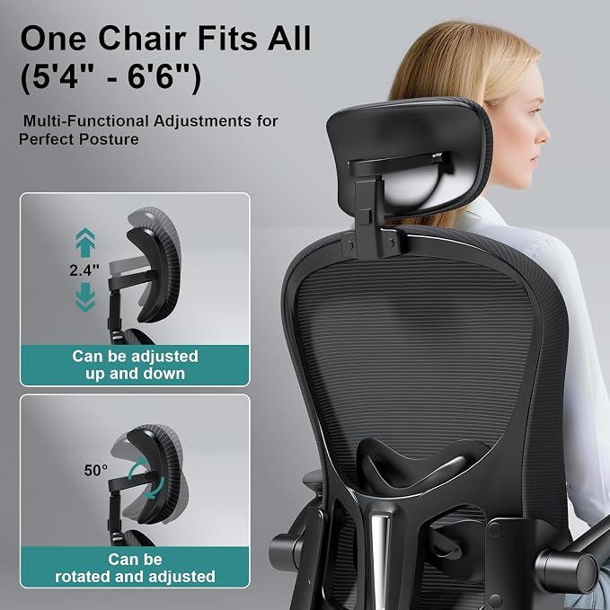 Mesh Office Chair with Adjustable Lumbar Support and Headrest, Ergonomic High Back Task Chair for Home Office, Flip-Up Arms 90-120° Tilt Lock Rolling Swivel Work Chairs(Black6065) - Image 4