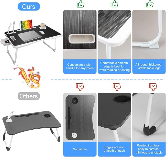 Laptop Bed Table, Laptop Desk for Bed, Foldable Laptop Bed Desk with USB Charge Port, Handle, Desktop Card Slot, Cup Slot, Side Drawer, Portable Laptop Table for Bed Eating Reading Working - Image 3