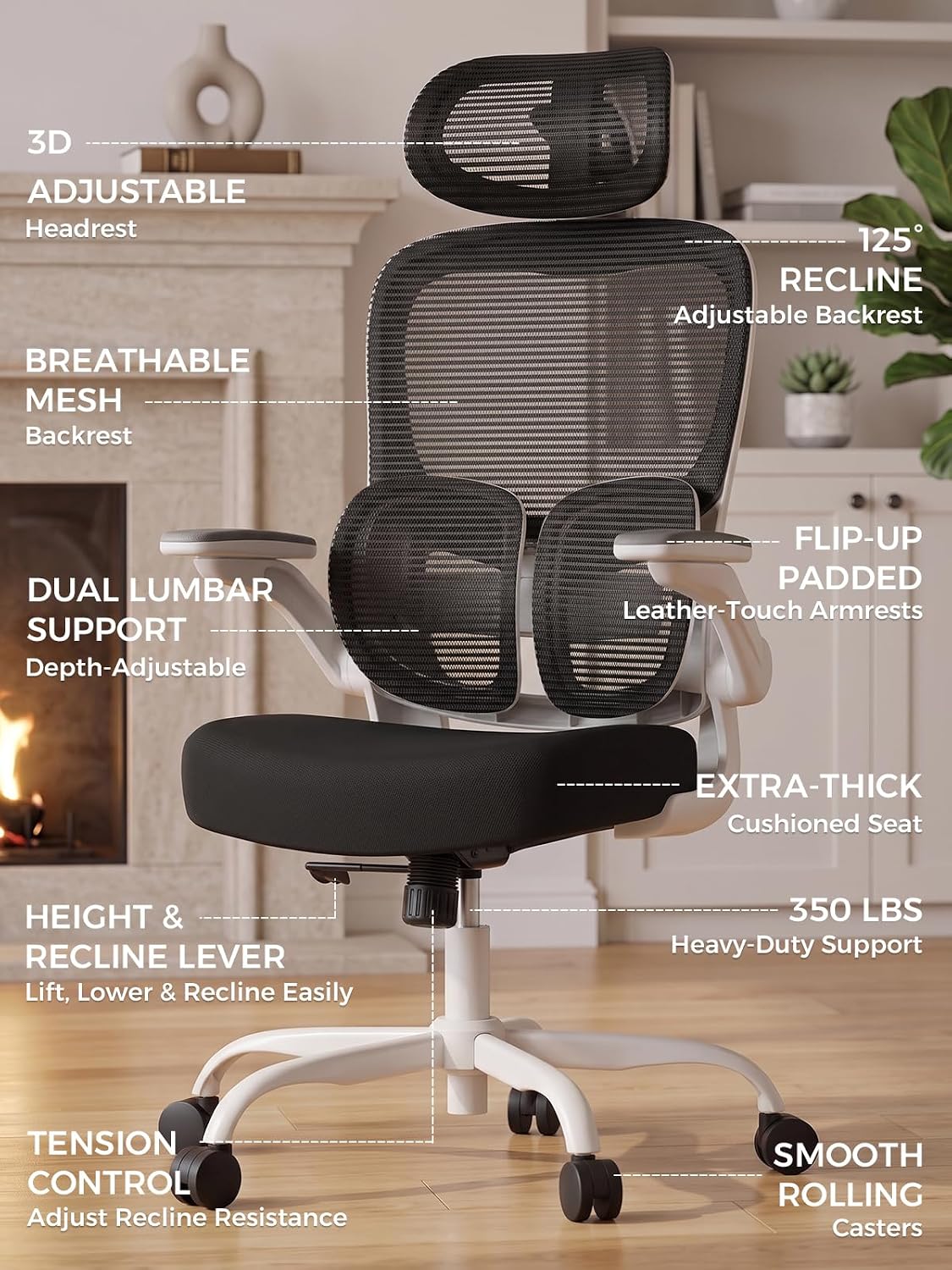 Ergonomic Office Desk Chair, Adjustable Dual Lumbar Support & Thick Seat - Image 4