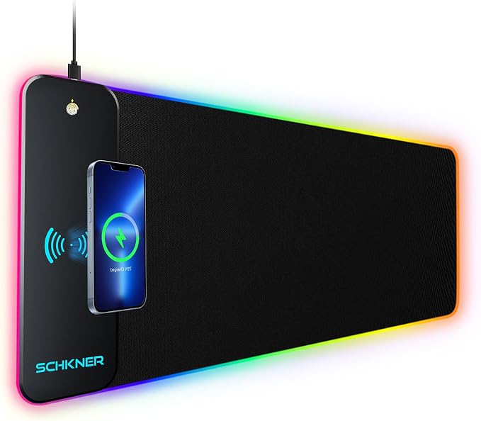 Schkner RGB Gaming Mouse Pad with Wireless Charging 15W, Large Desk Mat 800x300x4mm, 10 Light Modes Keyboard Pad with Non-Slip Rubber Base, Waterproof Mousepad for Gaming PC MacBook Laptop by Schkner