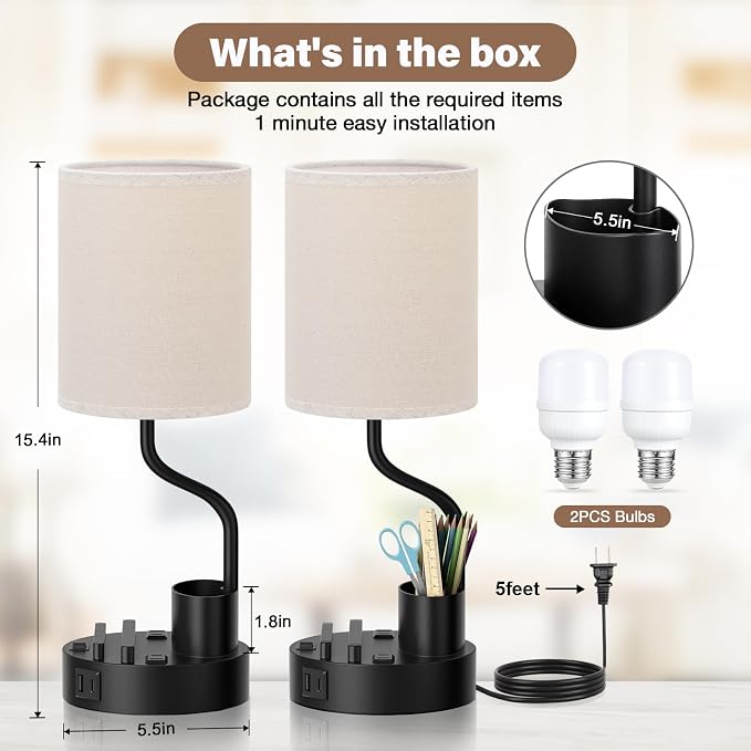Bedside Lamps for Bedroom Set of 2 - Table Desk Lamp for Nightstand | 15" Table Lamp for Living Room with Pen Holder & Phone Stand, USB A+C Port, AC Outlet, 3 Color Temperature, LED Bulb Included - Image 6