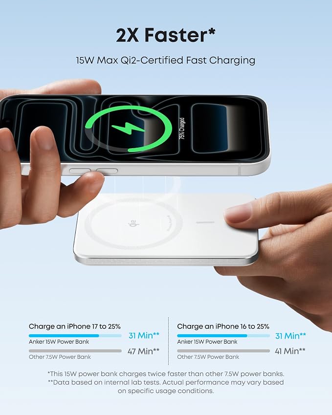 Anker Nano Magnetic Power Bank, 5,000mAh Qi2-Certified 15W Portable Charger (White) | Ultra-Slim Wireless Battery Pack with Ergonomic Design, Compact for Travel, for iPhone 17 / 16 Series and More - Image 4