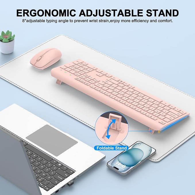 Wireless Keyboard and Mouse Combo, Full-Size Silent Ergonomic Keyboard and Optical Mouse, Long Battery Life, 2.4G Lag-Free Mice Keyboard for Computer, Mac, Laptop, PC, Windows(Pink) - Image 4
