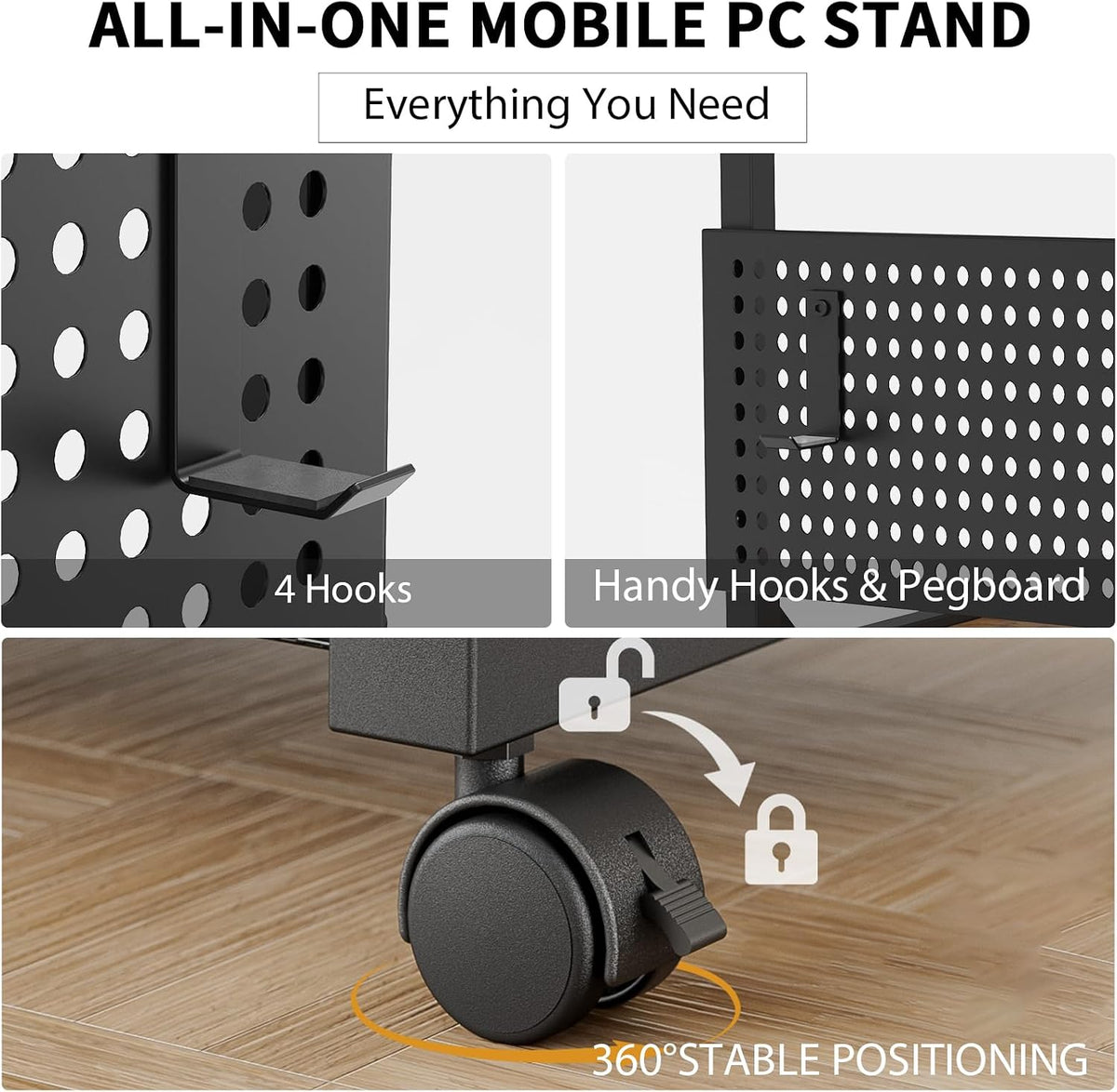 Adjustable Computer Tower Stand with Charging Station & Pegboard,Brown - Image 7