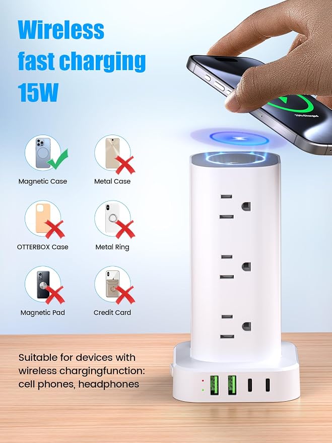 Tower Power Strip with 15W Wireless Charger, 6FT Flat Plug Extension Cord with Multiple Outlets, 12 AC Outlets, 4 USB Ports (2 USB C) Charging Station Surge Protector for Office Home Dorm Room (White) - Image 3
