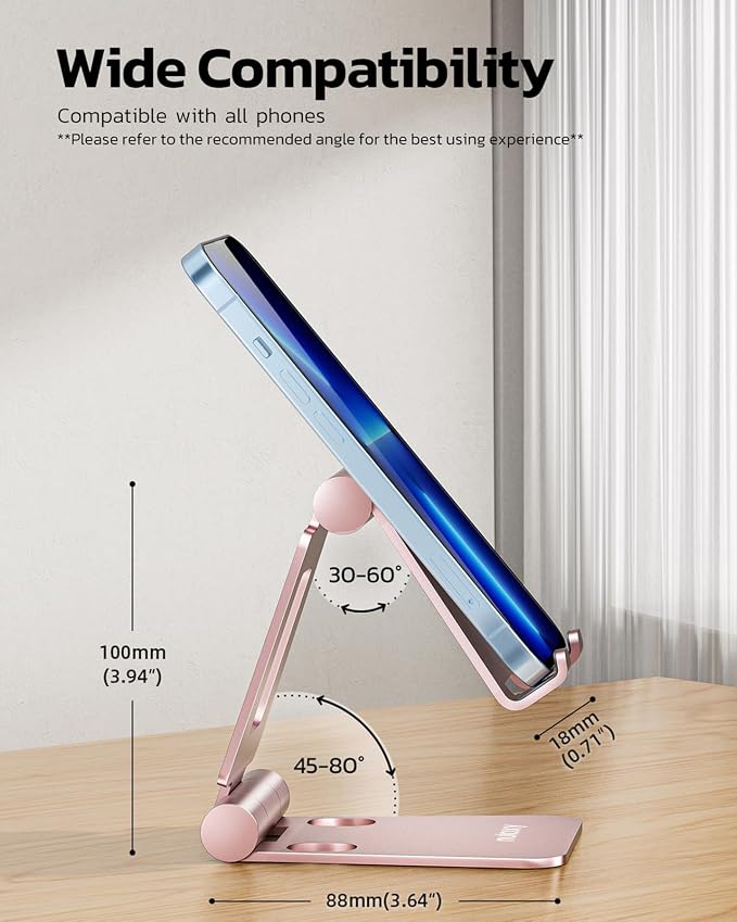 Nulaxy Full Aluminum Dual Folding Cell Phone Stand for Desk, Rose Gold | Height Angle Adjustable, Portable, Anti-Slip Base, Fits 18mm Thick Case Smartphone, Nintendo Switch Desk Essential Accessory - Image 3