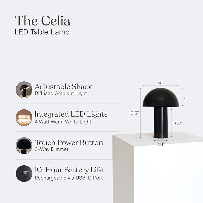Brightech Celia Small Lamp – 10" Touch-Controlled Mushroom Table Lamp, Cordless & Dimmable LED, Portable Rechargeable Bedside Night Light, Sustainable Recycled Modern Patio Lamp for Home Décor – Black - Image 3