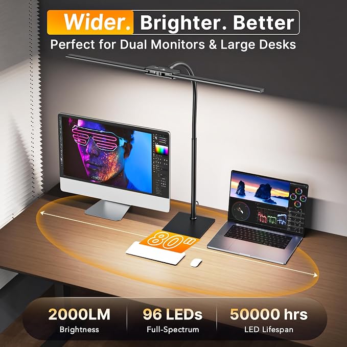 Syrinx LED Desk Lamp for Home Office, 18W 2000LM Stepless Dimming Light | Focused & Wide-Area Dual-Light, 360° Gooseneck, 5 Color Temp & 10 Brightness, Flicker-Free Eye-Caring Light for Study & Craft - Image 8