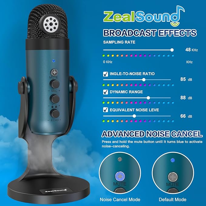 ZealSound Podcast Microphone for PC, Noise Cancellation USB Mic with Gain, Volume Adjustment & Mute Button, Monitoring & Echo, for YouTube, TikTok, Podcasting, Streaming, iPhone, iPad, Android(Teal) - Image 3