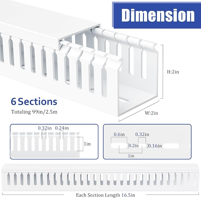 2" H x 2" W Cable Raceway, 99in Under Desk Wire Management Channel, White | Slotted Wire Duct, 6Pack, 16.5in Each, Heavy-Duty PVC Cable Management for Server Racks, Network Cables & Electrical Cabinets - Image 2