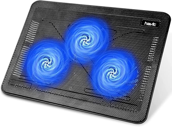 havit HV-F2056 15.6"-17" Laptop Cooler Cooling Pad - Slim Portable USB Powered (3 Fans), Black/Blue | Three quiet USB-powered fans circulate air below the laptop, two height settings improve viewing and typing comfort by havit