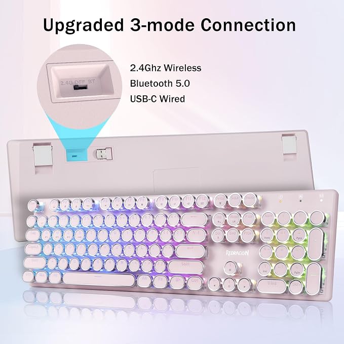 Redragon K710 Wireless Typewriter Mechanical Gaming Keyboard, Pink | Bluetooth/2.4Ghz/Wired, RGB Led Backlit, Blue Switch - Clicky, Rechargeable 4000mAh, Solid Metal Panel, Round Keycaps - Image 2