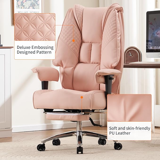 EXCEBET Big and Tall Office Chair 400lbs Wide Seat, Leather High Back Executive Office Chair with Foot Rest, Ergonomic Chairs Lumbar Support for Lower Back Pain Relief (Light Pink) - Image 6