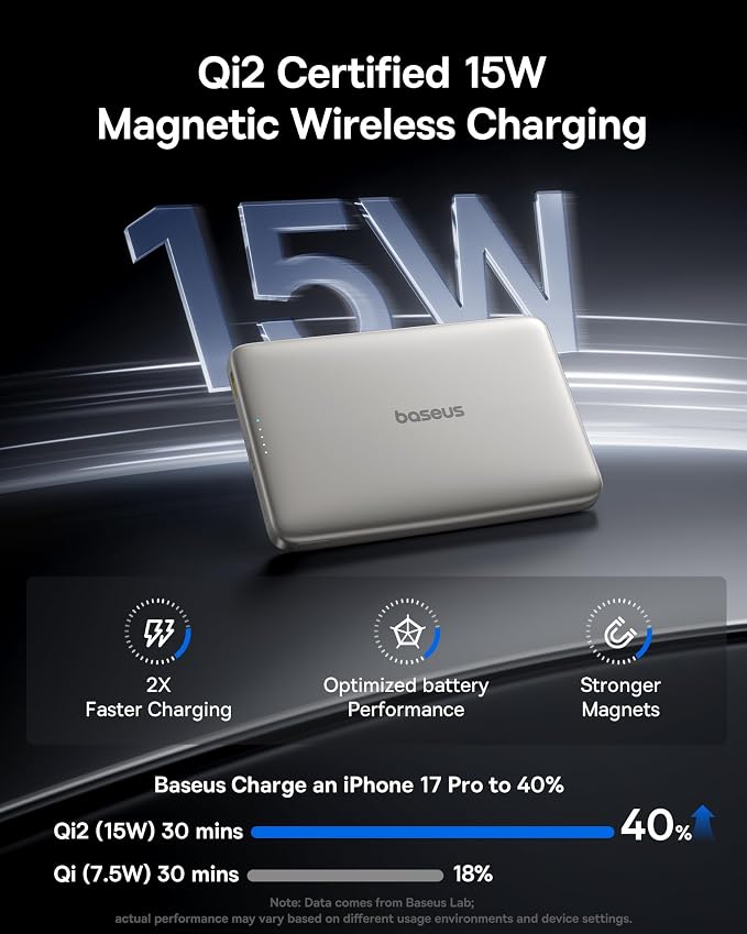 Baseus Picogo Magsafe Portable Charger, Qi2 15W 0.5" Ultra Slim 10000mAh Wireless Power Bank, 27W Fast Charging Magnetic Battery Pack with USB-C for iPhone 17 Pro Max/17 Pro/Air/16/15/14/13/12 | 10000mAh Wireless Power Bank, 27W Fast Charging Magnetic ... - Image 2