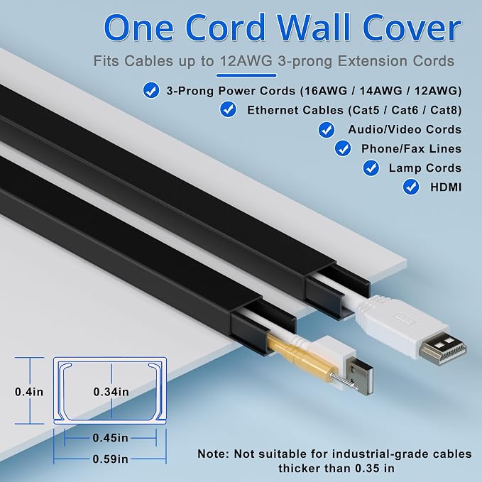 ZhiYo 68" Cord Hider for 1 Cable, Small Black Wire Covers, 0.6" W x 0.4" H | Fits Up to 1 Thick Extension Cord, Premium Paintable Cable Management Raceway for Wall & Corner, Easy Install - Image 2