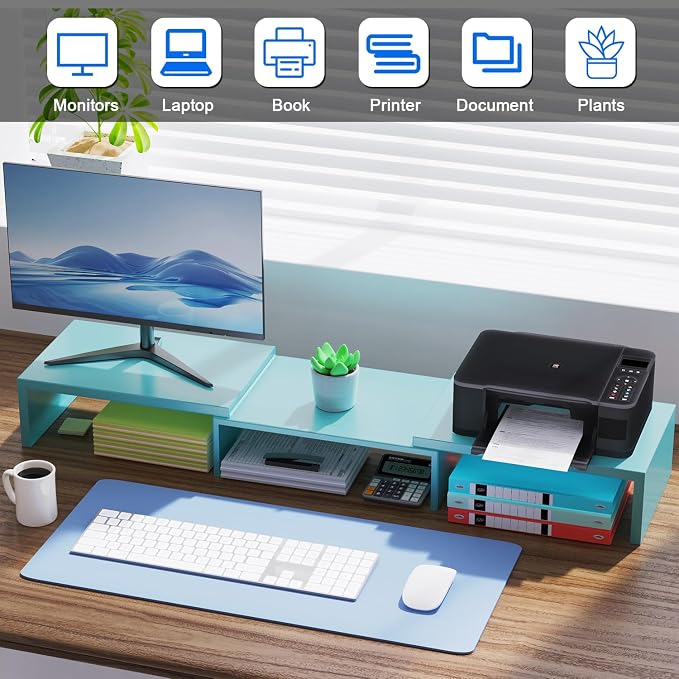 Dual Monitor Stand Riser | Monitor Stand for Desk, Metal Computer Stand, Desk Shelf Riser,Desktop Organizer for Home and Office Use (Blue) - Image 3