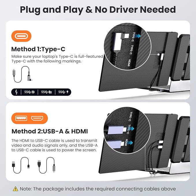 Laptop Screen Extender 14-inch, 1080P FHD Portable Monitor, Type-C/HDMI/USB-A Plug & Play, Laptop Monitor Extender fits Laptops with Screen up to 15.35" Wide, Compatible with Windows, Mac, Chrome - Image 5