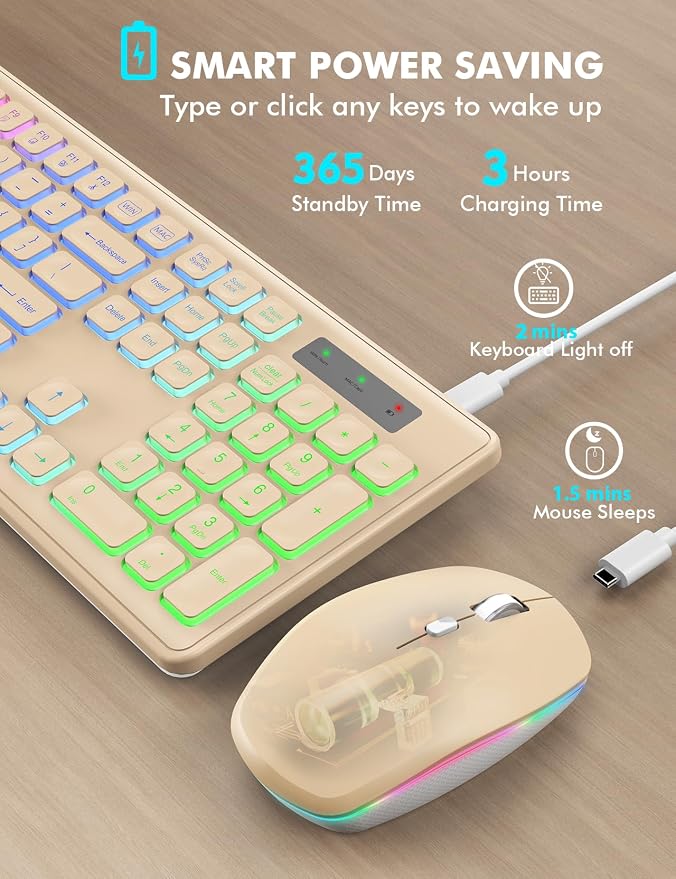 Wireless Keyboard and Mouse Combo with RGB Backlit, Rechargeable | Light Up Letters, Full-Size, Soft Typing, Sleep Mode, 2.4GHz Quiet Keyboard Set for Mac, Windows, Laptop, PC, Trueque KM42Pro - Image 3