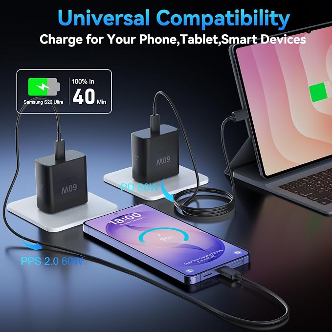 60W USB C Charger Super Fast Charging 3.0 for Samsung Galaxy S26 Ultra, Type C Charger Block with 6.6 FT Long USB C Fast Charging Cable for Samsung Galaxy S26 Ultra/S26/S26+/S25 S24 S23 S22 - Image 4