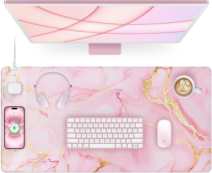 Pink Marble Mouse Pad with 15W Wireless Charging, 31.5"x15.8" in | Large Gaming Desk Pad/Mat for Women Girls, Waterproof Ultra-Smooth Surface, Non-Slip Base by abcmat